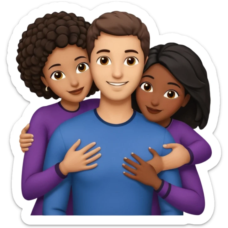  middle Eastern man with short brown hairwith two black african women both are African one is medium tone skin black and one is medium tone black with african hair styles. and they are all smiling and putting their arms around each other and kissing and hugging. sticker
