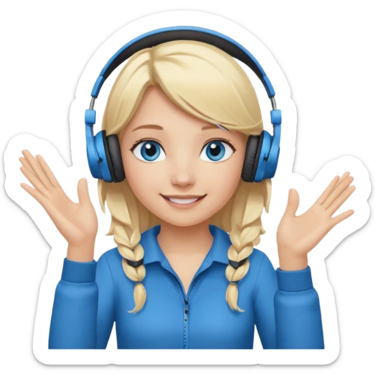 girl with blonde hair and blue eys, having on ears heaphones, with heands telling what  sticker