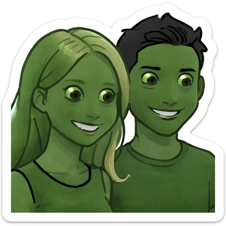 Smiling couple of blonde girl with long hair green eyes and boy with short black hair and green eyes sticker