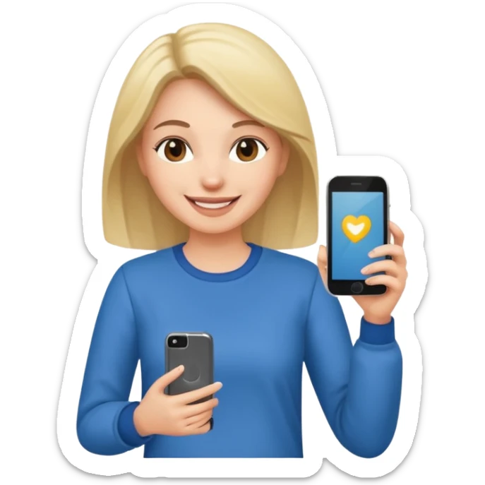 woman casual clothes holding one phone in one hand sticker