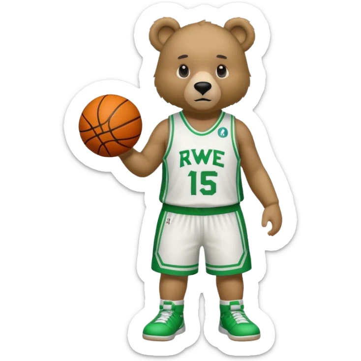Bear with full body and wearing basketball green and white  jersey that says RWE  sticker