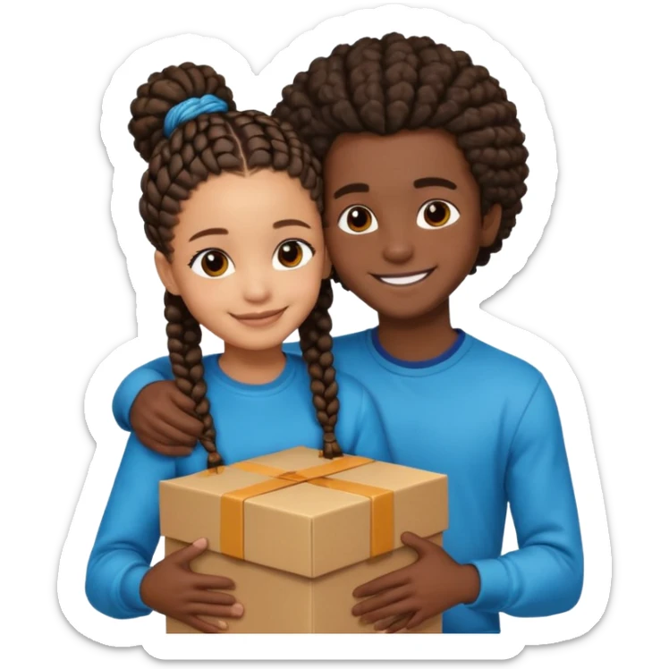 A lightskin with afro boy and dark skin girl with box braids hug sticker