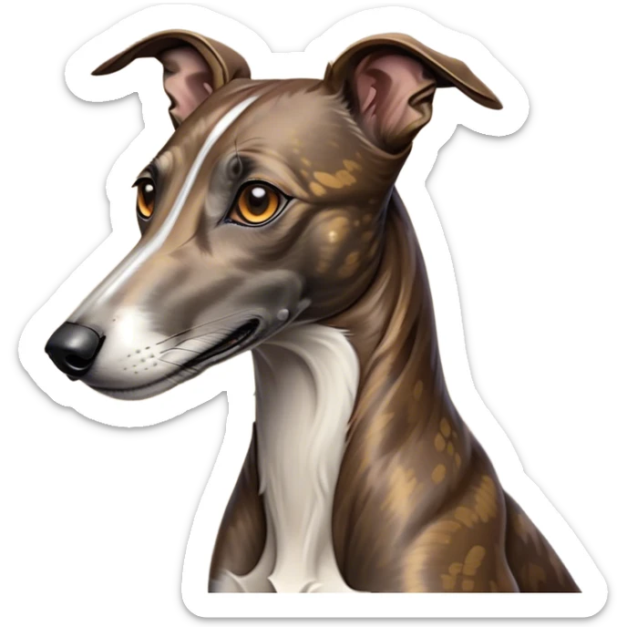Cinematic Noble Brindle Greyhound Portrait Emoji, Poised and regal, with a slender, aerodynamic build and a refined brindle Fur, deep-set soulful eyes, Simplified yet sharp and sophisticated features, highly detailed, glowing with a soft, dignified glow, high shine, intelligent and agile, stylized with an air of elegance, focused and attentive, soft glowing outline, capturing the essence of a watchful and graceful racer, so majestic it feels as though it could dash out of the screen with effortless authority! sticker