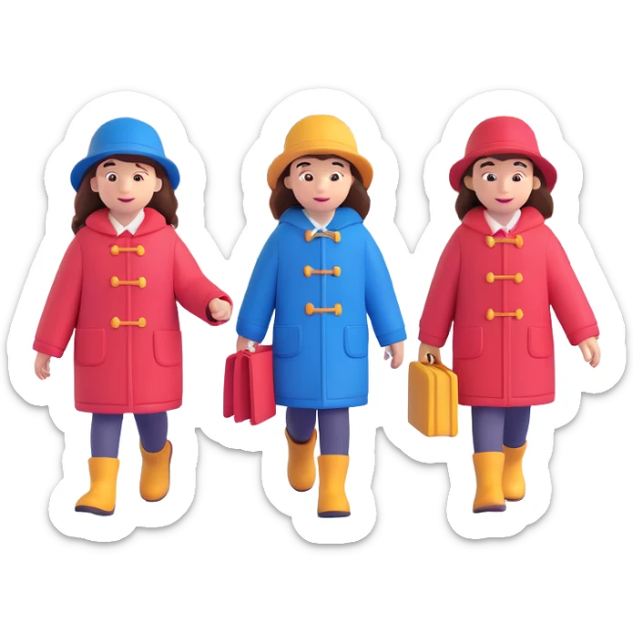 A group of school children walking to a movie theater in winter, inspired by Paddington Bear sticker