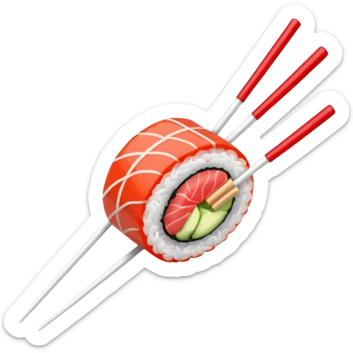 Japanese cuisine humanless avatar in minimalist emoji-style illustration. Sushi, roll and 2 chopsticks, clean lines, red white colors, flat design, calm and modern. sticker