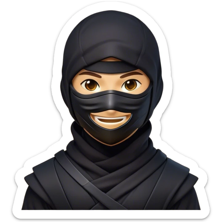 Clash of Clans aesthetic Playful Ninja Portrait Emoji, Head tilted with a sly, cheeky grin and twinkling eyes visible under a stylish mask, featuring a compact, nimble build in streamlined dark attire, his natural skin tone adding realism, Simplified yet irresistibly charming features, highly detailed, glowing with a warm, mysterious glow, high shine, spirited and lively, stylized with a touch of whimsical stealth, soft glowing outline, capturing the essence of a playful ninja exuding friendly covert energy! sticker