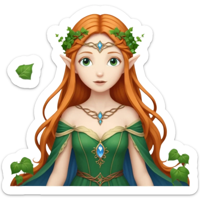 Hyper realistic green ivy forest elf mage fairy queen pale skin ginger hair and blue-eyes sticker