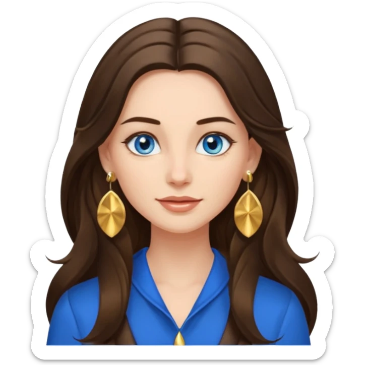 
Create an emoji of a brunette with blue eyes. She should have long hair, stylish clothing, and a friendly facial expression. Add some accessories like earrings or glasses to make the look more interesting. sticker