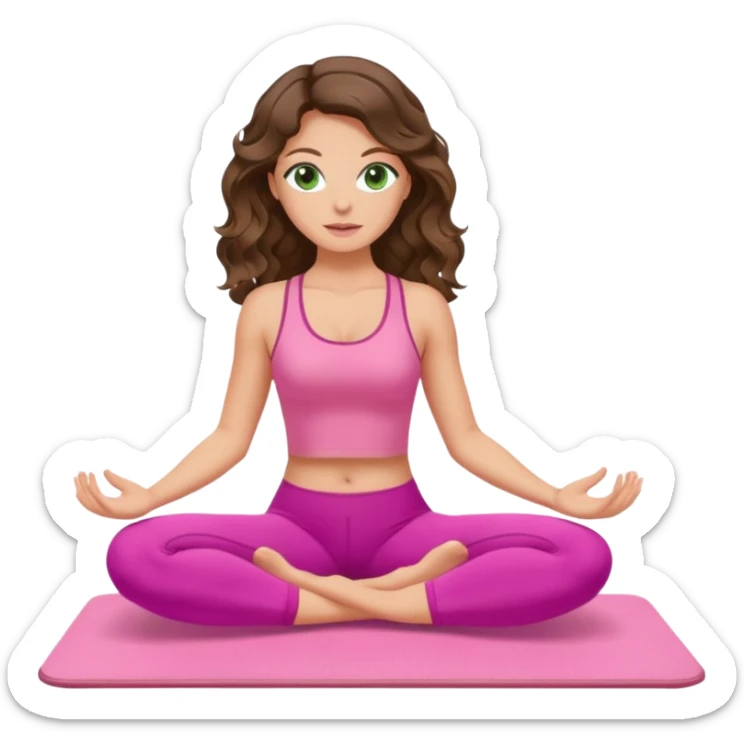 White, green-eyed, brunette cute feminine lady emoji with wavy hair doing pilates wearing pink pilates fit sticker
