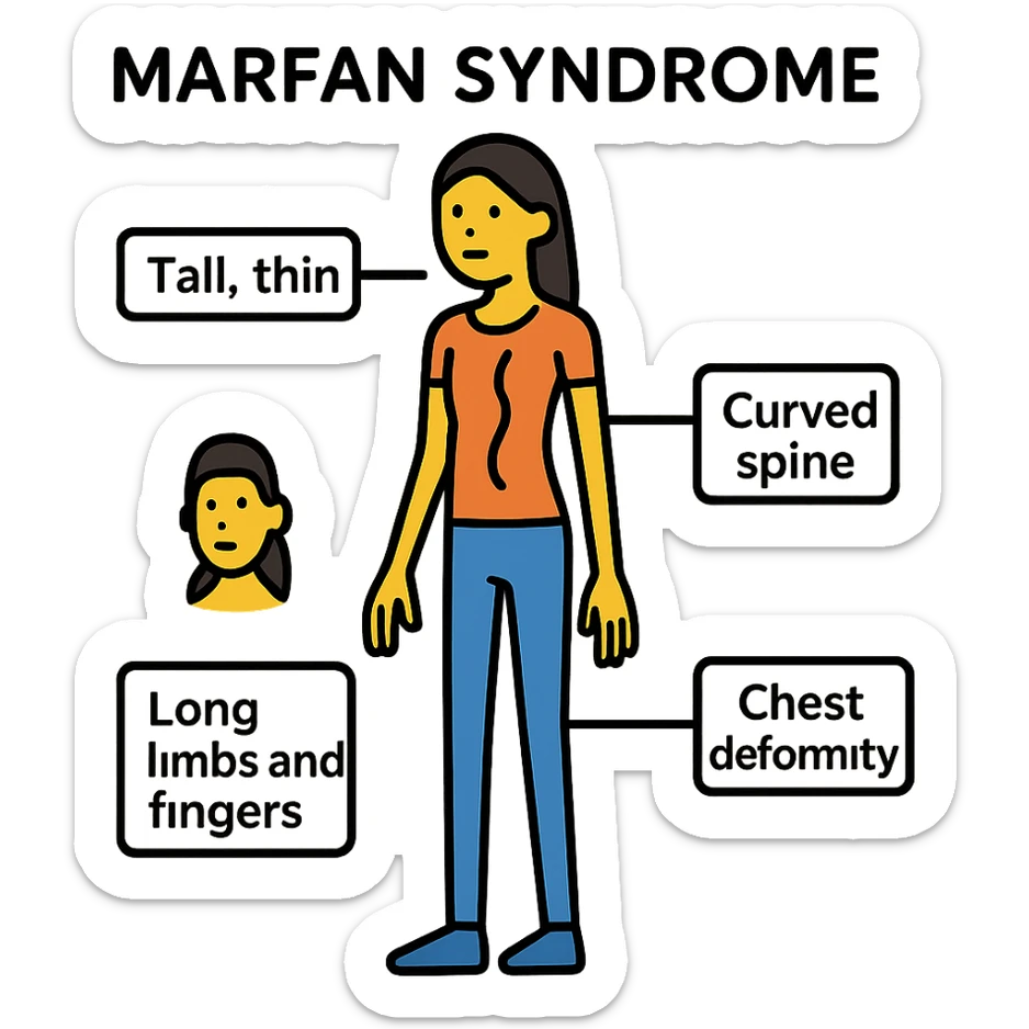 Create an educational graphic highlighting Marfan syndrome in an Asian woman. Show a tall, thin female figure with long limbs and fingers, curved spine, chest deformity, and subtle facial features. Include clear labels for each characteristic. The style should be clear, informative, and suitable for a general public audience. sticker