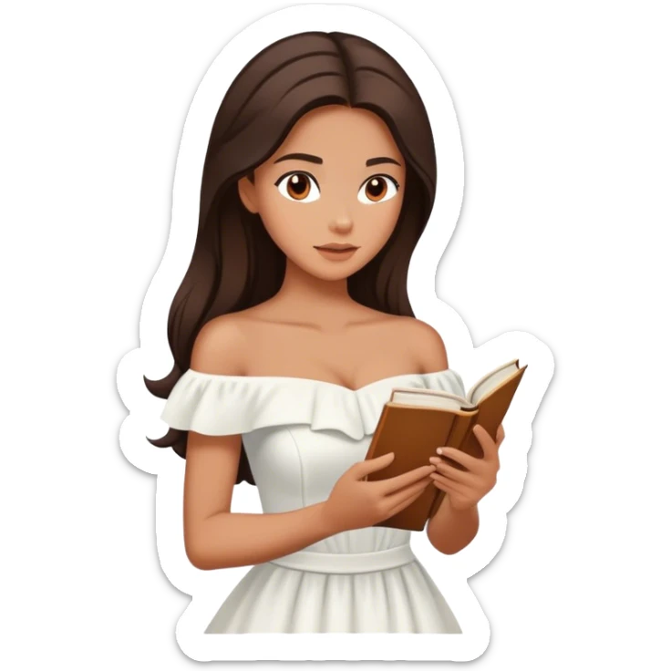 Beautiful woman in 1950’s woman fashion look, off-shoulder white dress, long dark brown hair, reading  sticker