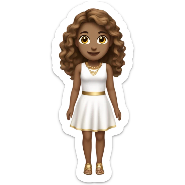 do a white but not too white girl with brown hair and highlights brown eyes and gold jewelry, full body, legs arms and a white short dress sticker