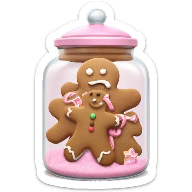 Realistic glass cookie jar with light pink lid full of gingerbread cookies isolated.  sticker
