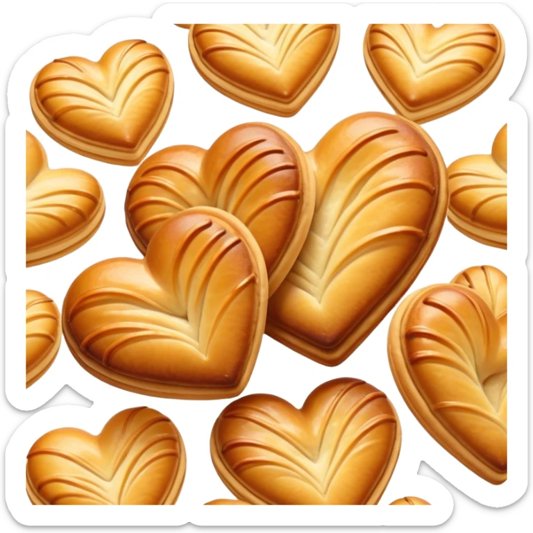 Cinematic crisp palmier, golden-brown heart-shaped pastries, perfectly caramelized layers, delicate and flaky, warm glowing background, inviting and delicious. sticker
