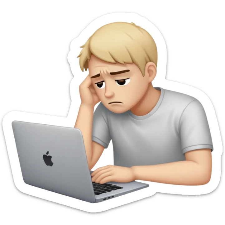 Create an emoji of a tired person sitting at a laptop, looking exhausted and frustrated. They have slouched posture, representing overwork and burnout. sticker