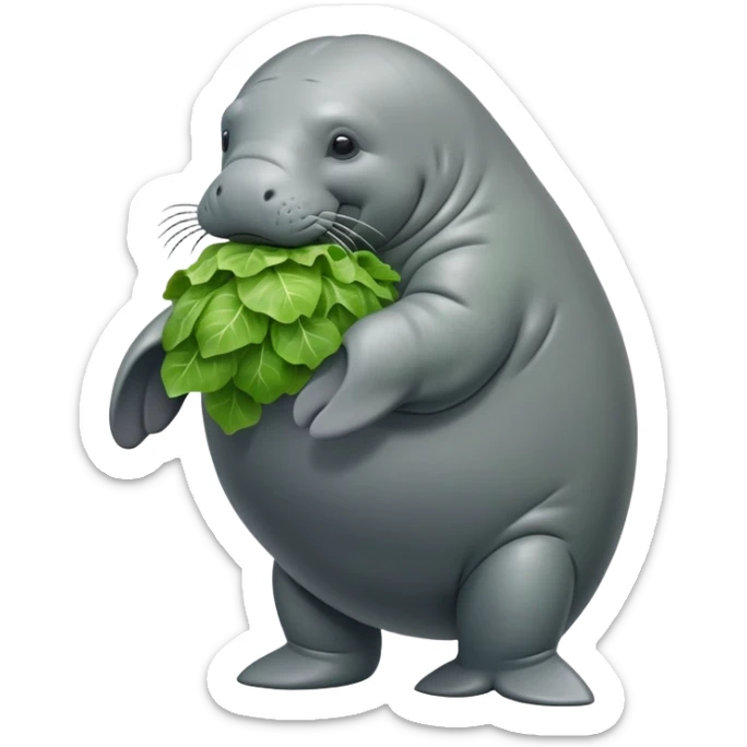 Cinematic realistic full body side view of a manatee holding a head of lettuce  sticker