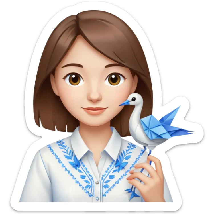 A happy Ukrainian young girl with brown hair in a white embroidered shirt holds an origami blue crane sticker