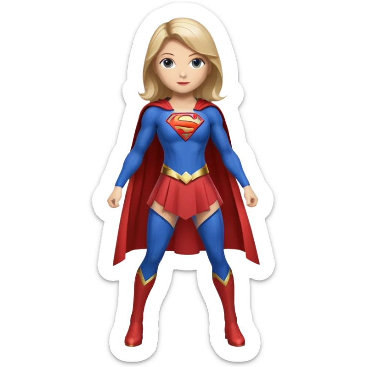 Supergirl superhero full body, blue suit with red cape and S emblem sticker
