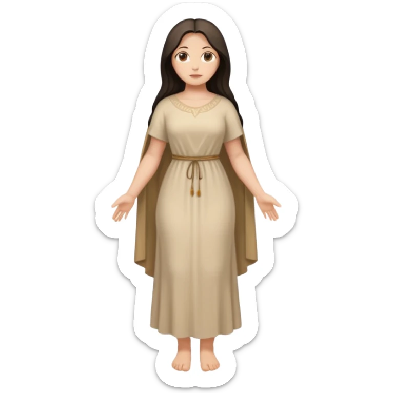 fullbody Mary Magdalene, athletic and curvy, very pretty detailed face, simple light tan dress, arms down, no hood, dark hair sticker
