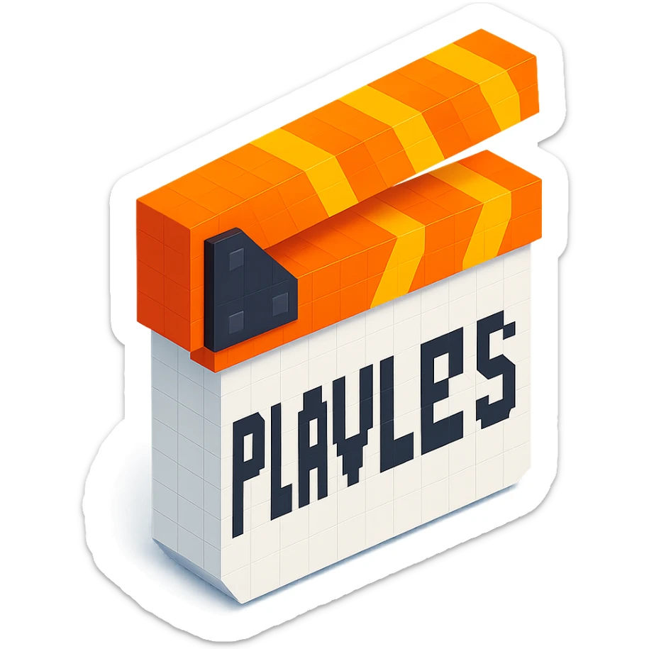 voxel style movie clapperboard with the text 'PLAVLEYS', orange lid, white body, isometric view sticker