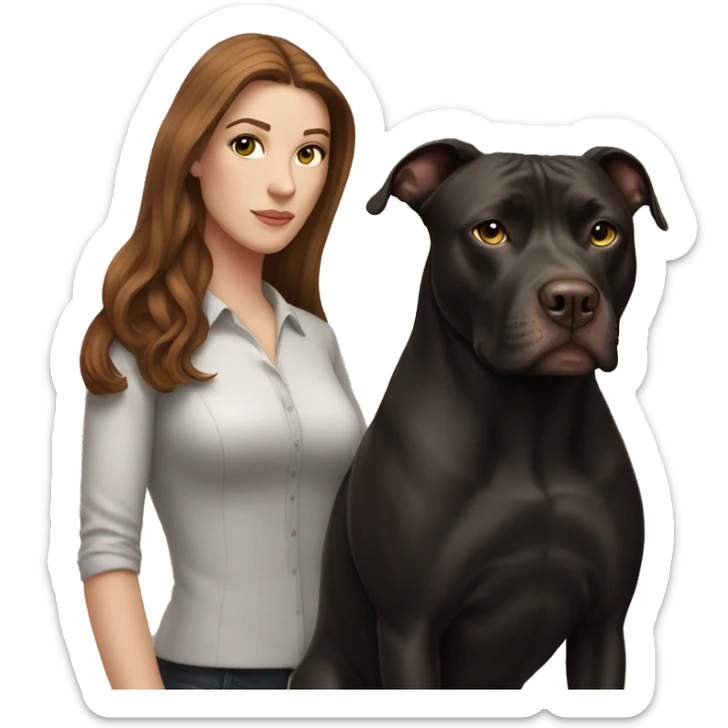 white woman with long brown hair and cat shaped eyes standing alongside a black pitbull  sticker