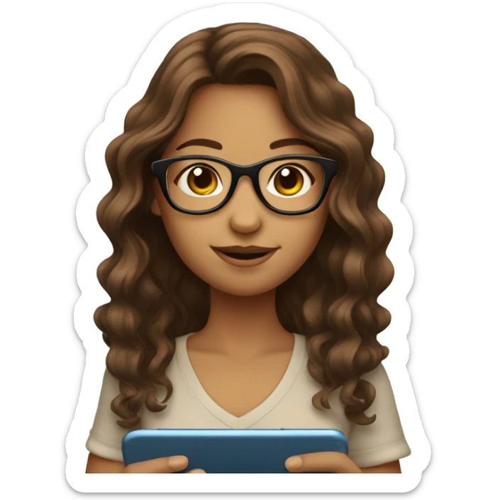 girl with glasses and brown wavy hair reading on smart phone sticker
