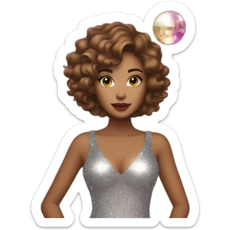 female with brown wavy hair dressed in a glitter dress and makeup, with disco ball sticker
