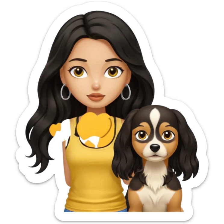 tan pretty bratz girl with long wavy black hair, wearing a yellow tank top with a dog sticker