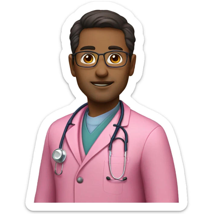 Dark brown hair doctor with eyeglasses with pink coat and pink stethoscope sticker