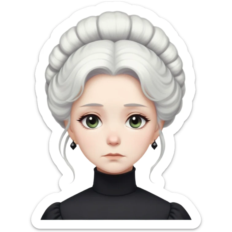 A Victorian woman with elegant coiffed white hair and light eyes wearing a modest unadorned monochrome black turtleneck mourning dress with puff sleeves looking down with a forlorn expression sticker