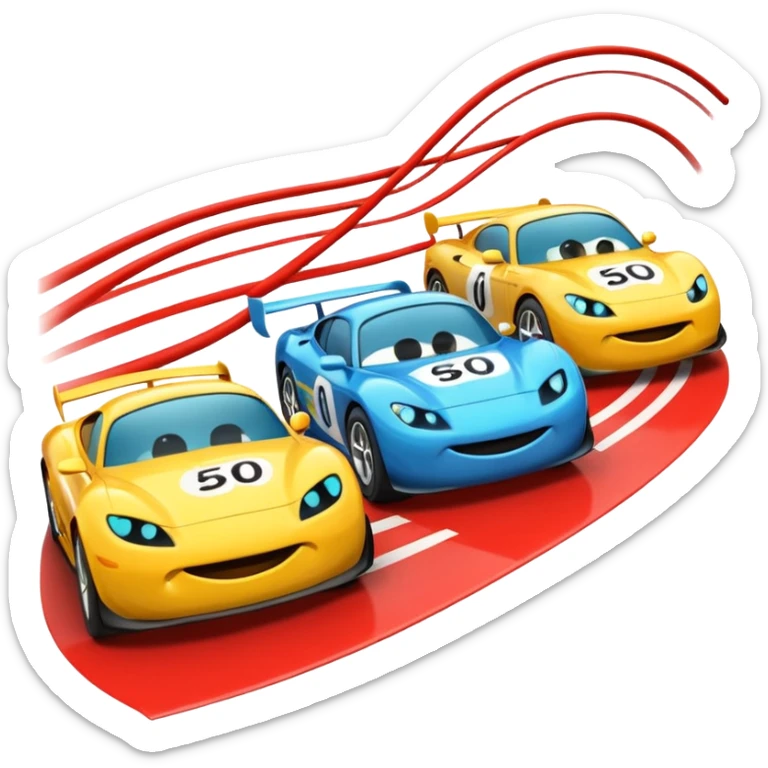 Two emoji-style cars racing toward a finish line labeled “$20K”, one labeled “$500/mo” and the other “$1000/mo”, energetic motion and speed lines sticker