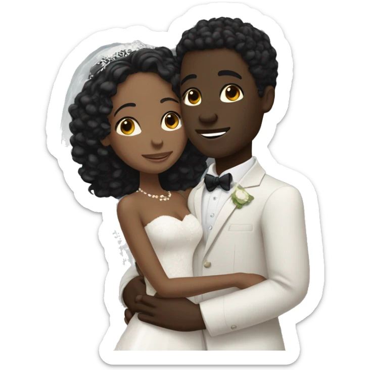 African Bride and Groom. Dark Brown skin. Black long curly hair. Short black haircut. Hugging each other. Eyes closed. sticker