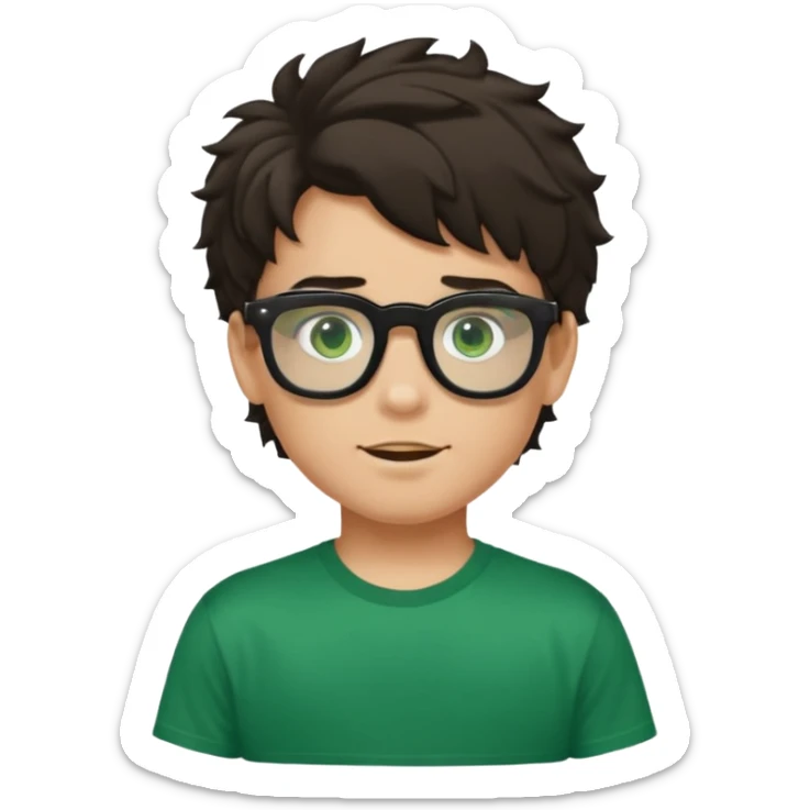 Garçon brun avec des cheveux ondulés courts, peu un peu claire, des yeux verts foncés, un t shirt noir et des lunettes rectangulaires transparentes qui est fou sticker