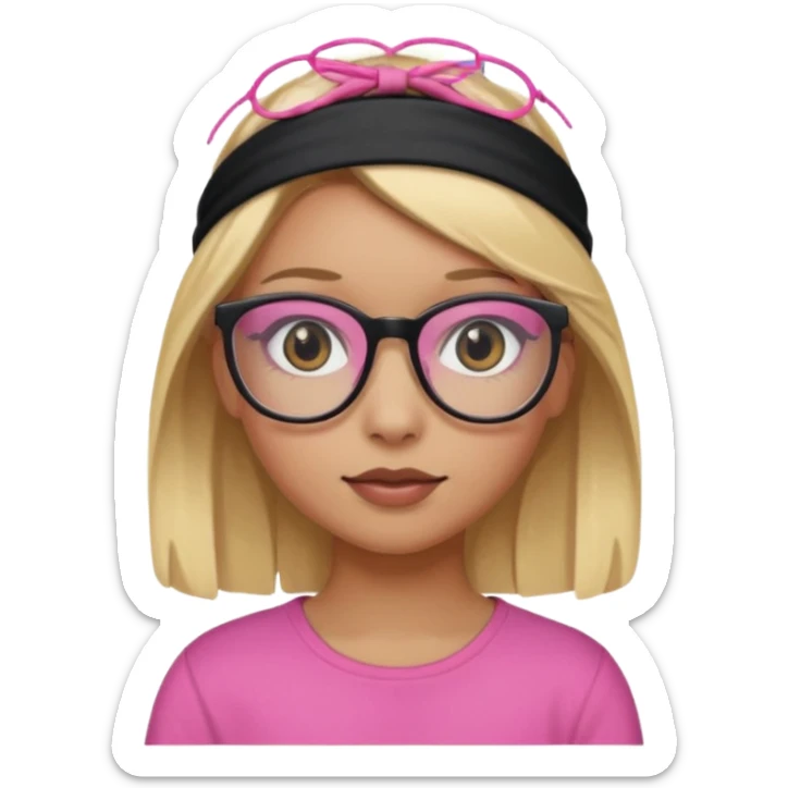blonde girl black eyes with black headband and pink glasses light brown skin sticker