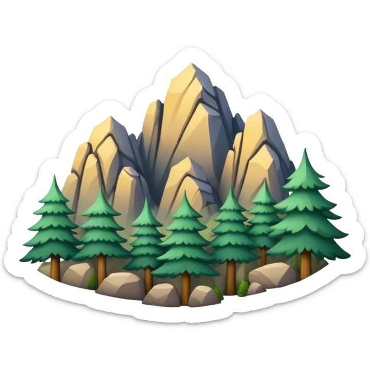 Yellow Mountain Huangshan misty peaks, simplified emoji style with bold outlines and bright colors, cartoon style mountain peaks with pine trees sticker