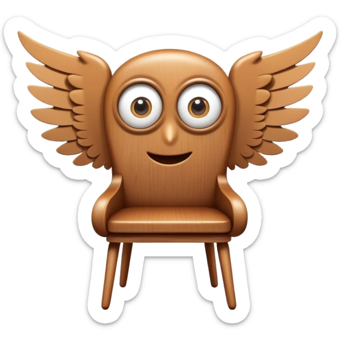 A wooden chair with big cartoon eyes, flying through the air with small wings sticker