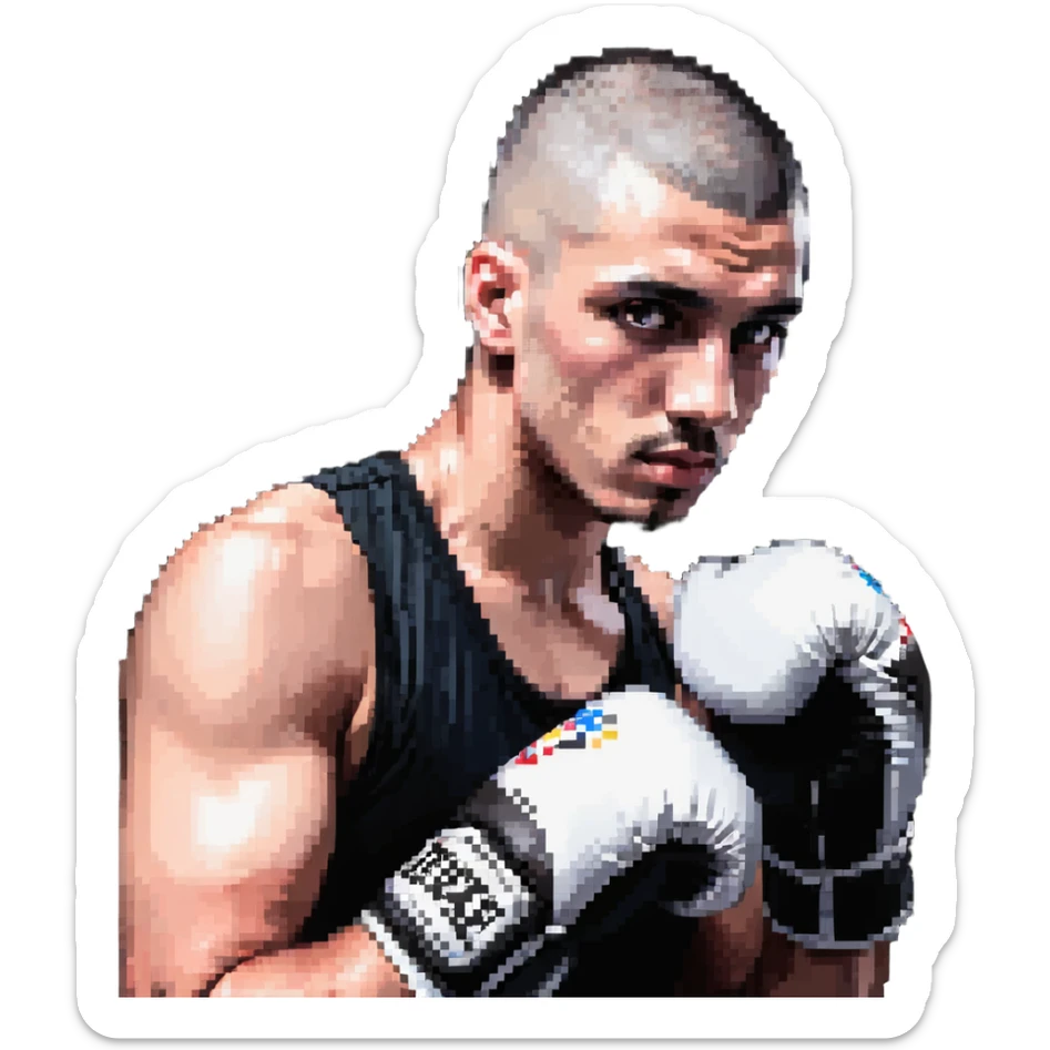 white man with dark hair, dark eyes, buzzcut faded haircut, wearing boxing gloves sticker