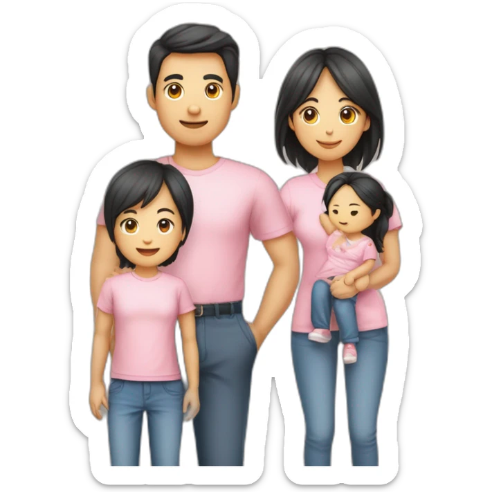 Famille 4 personne un fils aîné avec un t-shirt de basket une fille cadette au cheveux long un père asiatique une mère avec des formes sticker