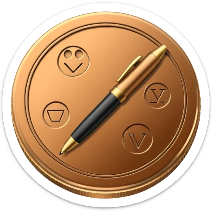 generate a token like a regular, real-life coin with an image of a pen in the middle sticker