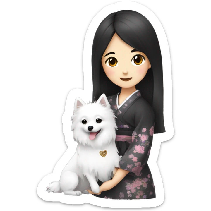 Japanese spitz dog hug black hair girl with dress sticker