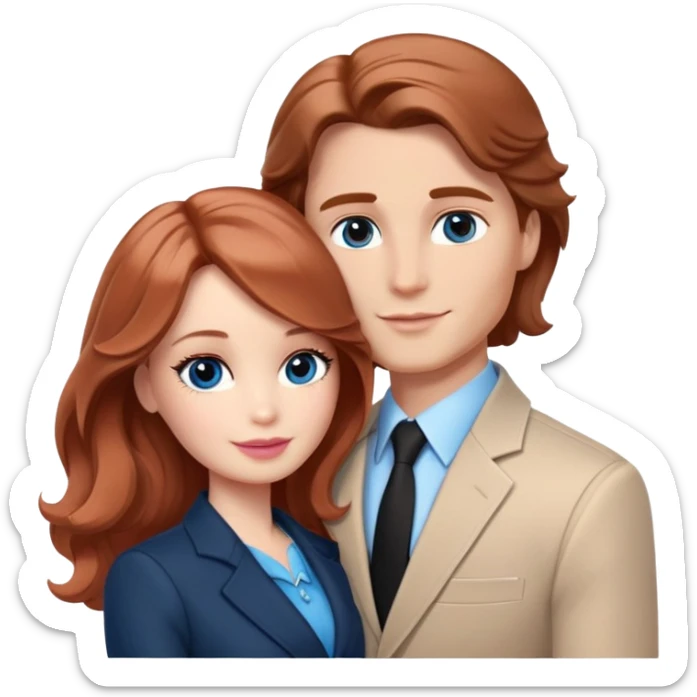 Barbie girl  , eyes blue , Chestnut red long wavy hair In pale beige clothes, Hugs a man with light brown hair short haircut, brown eyes , and a black suit sticker