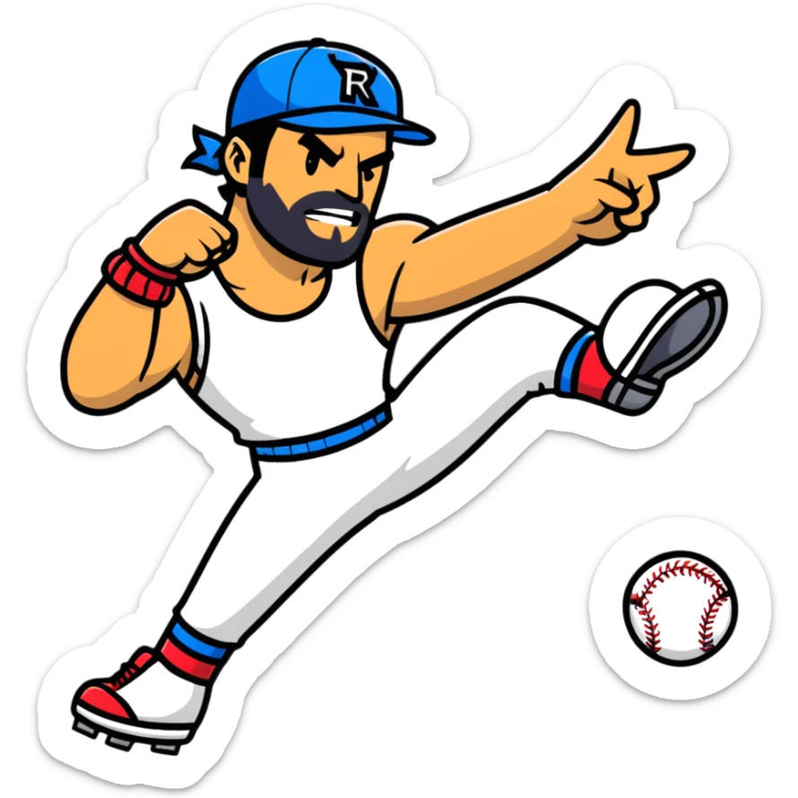 Razor Ramon from Sega WWF Mania video game in his signature pose defeating a cat in a baseball cap sticker