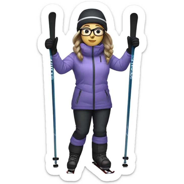 chubby female skier with long hair, glasses, grey-purple snow jacket, black pants and black skis sticker