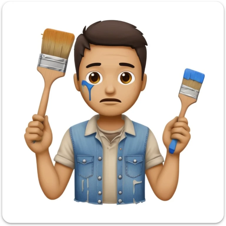confused house painter emoji wearing torn jeans and stained shirt, holding a broken paintbrush, paint on face and hands, cluttered background sticker