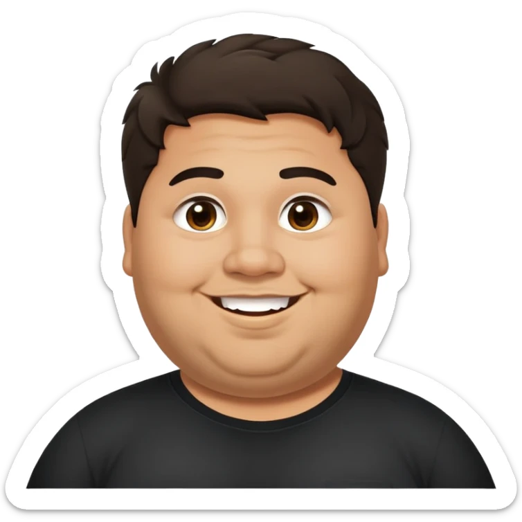 Joven obese, pelo largo, cuerpo grande, latino piel canela, cara redonda-ancha, scruff sin barba completa, cejas gruesas, pelo oscuro ondulado flat largo hasta el cuello. Sonrisa amplia, expresión alegre. Camisa negra. Size large.  sticker