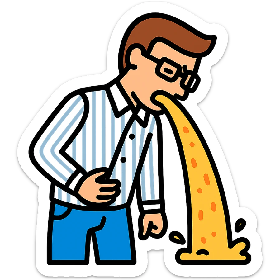 male teacher with brown hair, wearing blue jeans and a striped buttondown shirt, throwing up, color outline icon style sticker