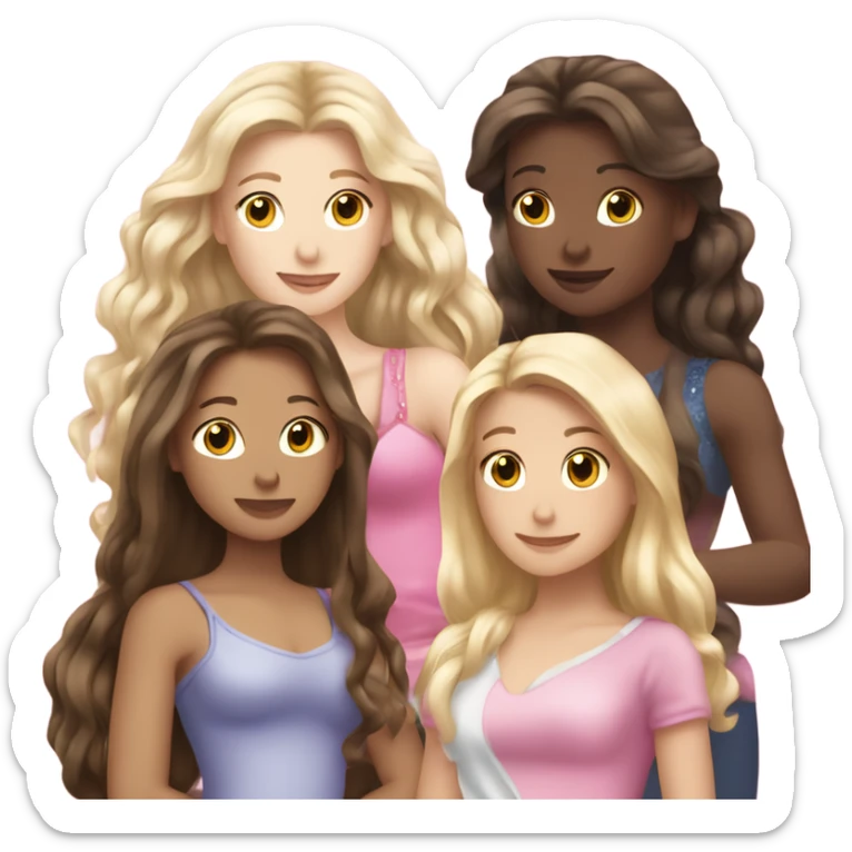 Three 25 year old girls, all with long hair, two brunette, one blonde. All with tiaras on. One of the brunette girls is cuddling a big rat. They are all wearing pink.  sticker