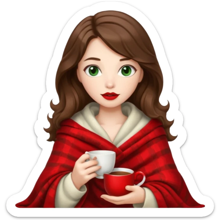 Long wavy brown haired, white skinned, dark green eyed girl with red lipstick wrapped in a blanket, sipping tea and reading a book sticker