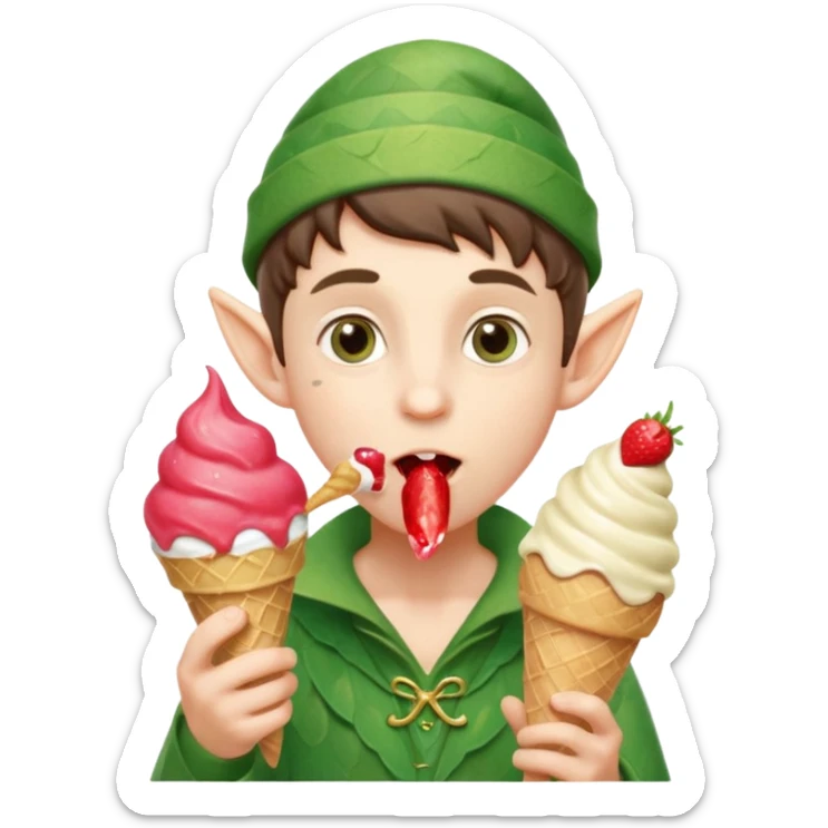 
A young elf boy in leafy clothes licking a triple-scoop ice cream with wide eyes.
baby elf with strawberry ice cream




 sticker