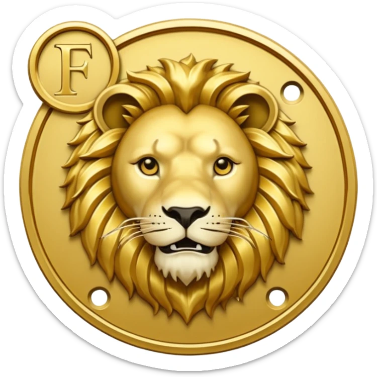 Fais un emoji de pièce d'or ronde avec l'inscription "F" dessus et un lion très détaillé gravé sur la pièce. Le F et le lion doivent être très lisible ainsi que les détails autour de la pièce. Le lion doit être gravé et en 2D il doit pas ressortir, il doit être subtile, le F doit être très visible sticker